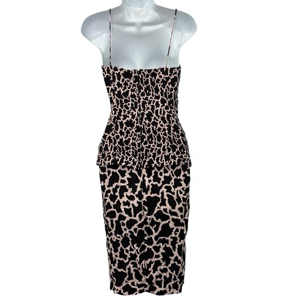 Vintage 80s Pink Black Leopard Ruched Peplum Sleeveless Silk Mini Dress size 4 - Picture 6 of 13